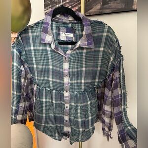 Free People Flannel patch print distressed blouse. Size S